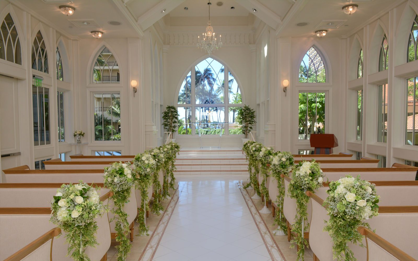 The interior of the Akala Chapel looking towards the ocean view.