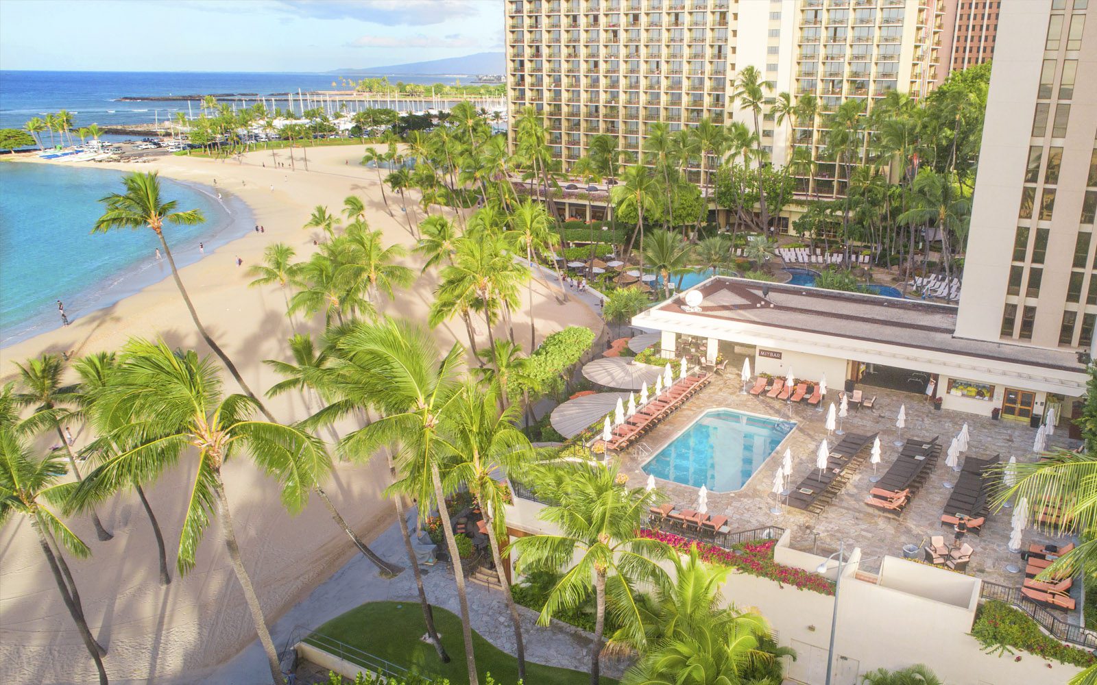 Aerial image of the Pool Terrace at The Alii with beachfront location