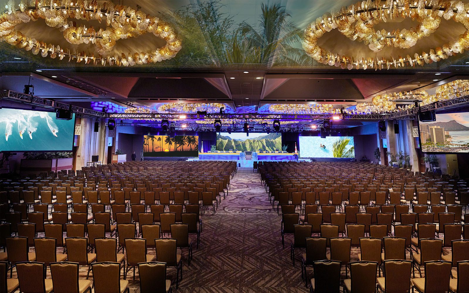 Coral Ballroom set up for a theater style large meeting with beautiful audio-visual set up.