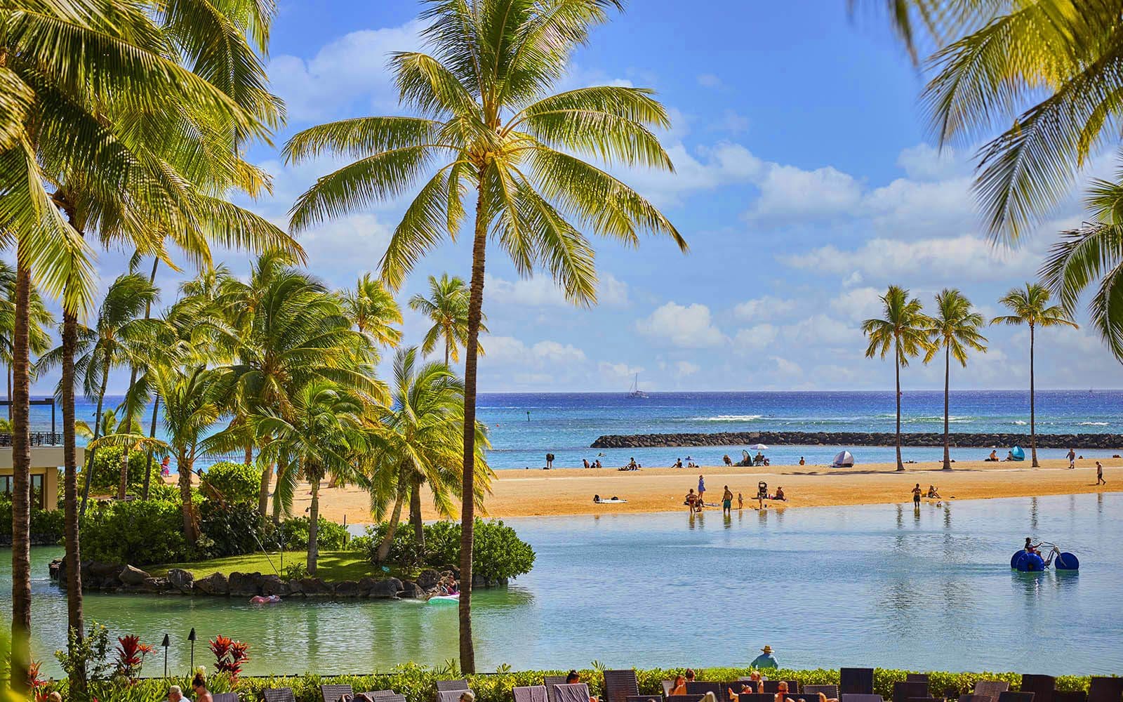 Beautiful photo of a balmy Waikiki morning taken from the Paradise Pool at Hilton Hawaiian Village. The photo shows the lagoon and the island that sits in the lagoon with the strip of beach and ocean in the background.