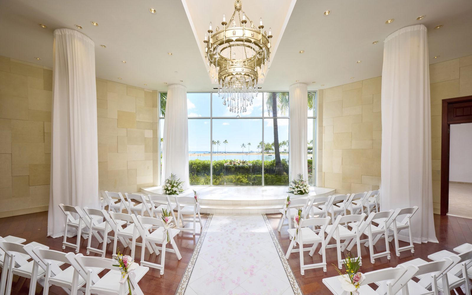 Paradise Chapel interior with window view of Waikiki Beach