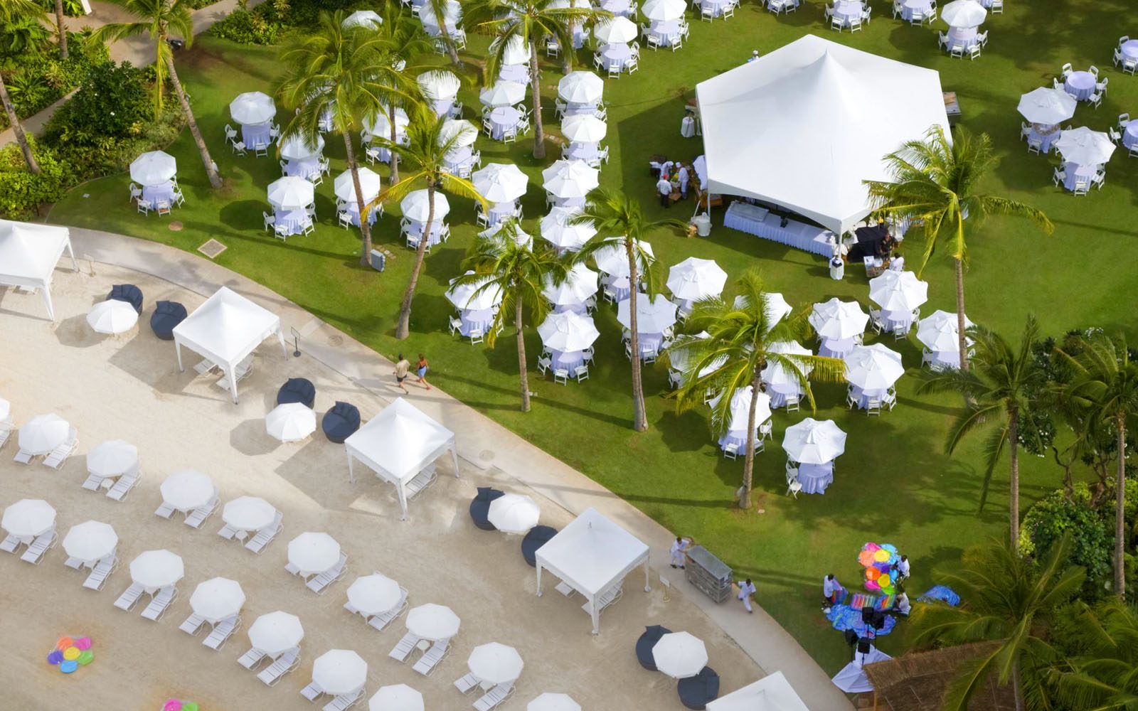 The Great Lawn aerial photo showing the lawn area dotted with tables and a central white tent.