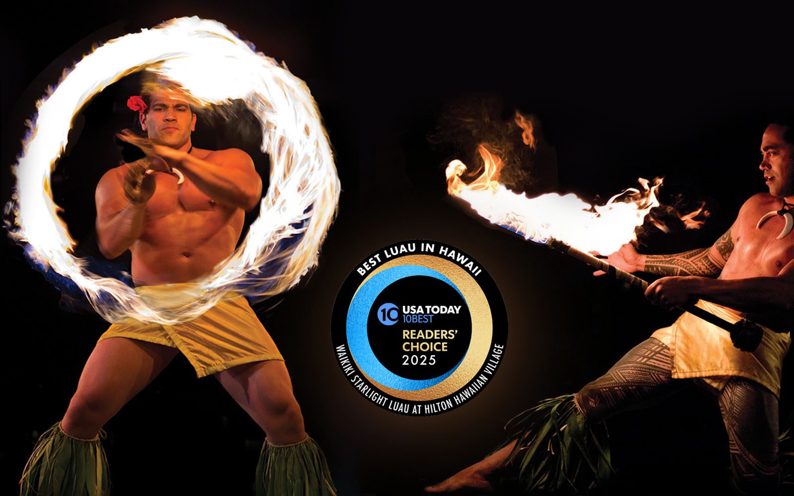 Fire knife dancers at luau with fire lit and twirling. In the center is a logo for 10 Best Luau in Hawaii by readers of USAToday