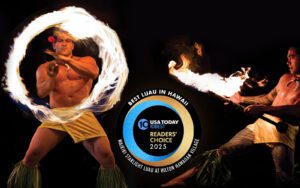 Fire knife dancers at luau with fire lit and twirling. In the center is a logo for 10 Best Luau in Hawaii by readers of USAToday