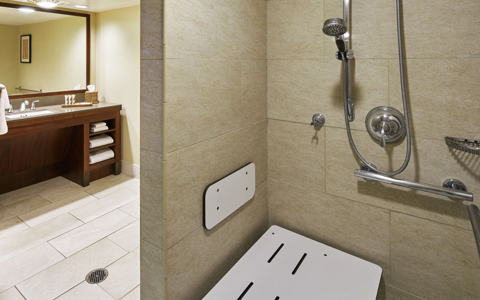 Accessible Roll-in shower in Diamond Head tower suite bathroom
