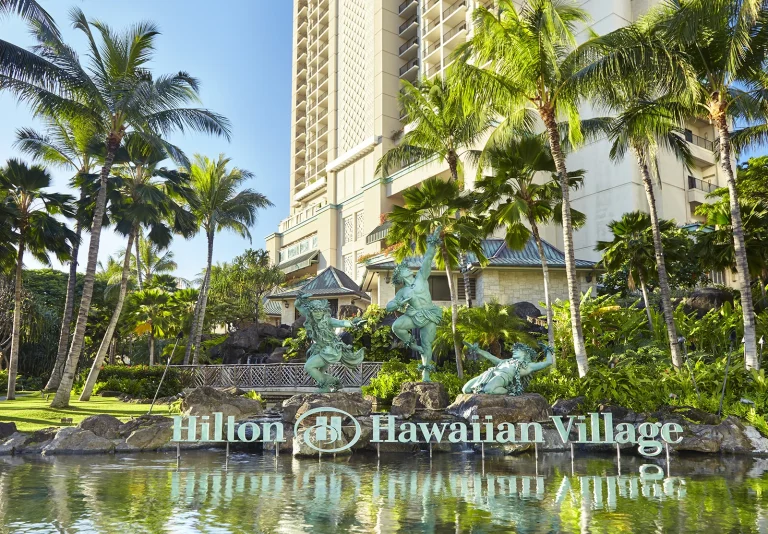 Three statues outside the Kalia Tower in the Hilton Hawaiian Village