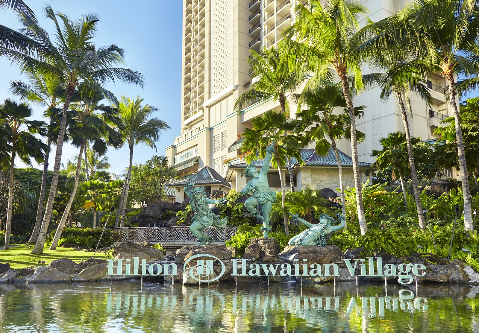 Three statues outside the Kalia Tower in the Hilton Hawaiian Village