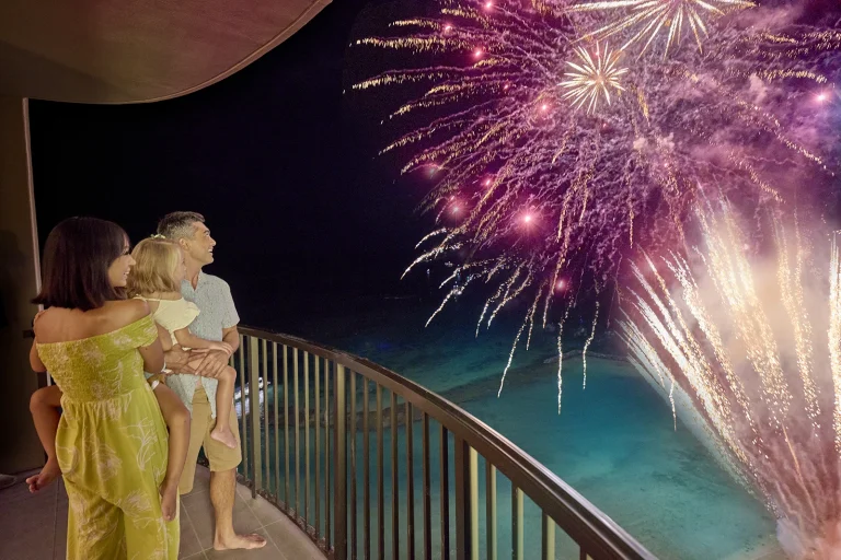 Rainbow Tower Corner Oceanfront guestroom with Friday Night Fireworks below