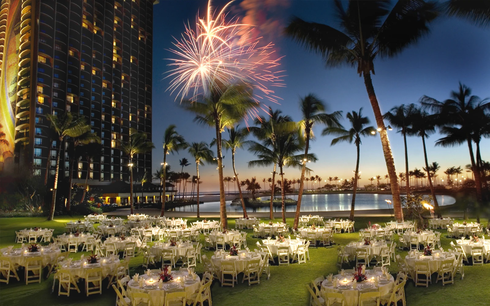 Fireworks display above the Great Lawn at the Hilton Hawaiian Village