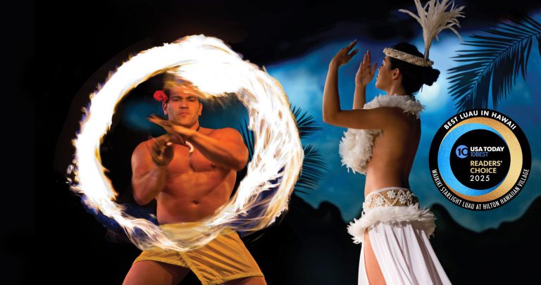 Waikiki Starlight Luau fire dancer and hula dancer with 10 Best Award