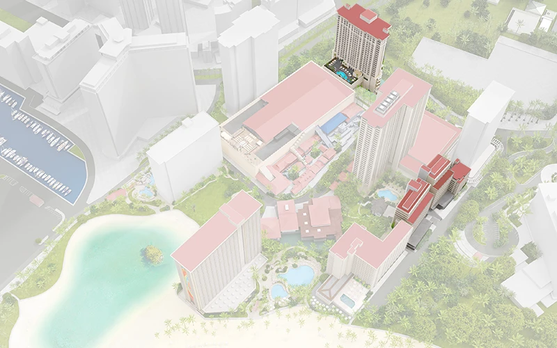 Aerial map of the Village Towers at the Hilton Hawaiian Village